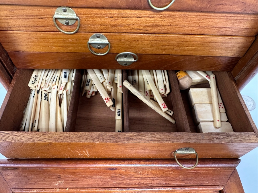 Antique Chinese Mahjong Mah-Jongg Set Bamboo And Bone Tiles With Wooden 5-Drawer Box (Front Left Of Box Is Missing Wooden Piece) 1923 Patent Date [Photo 23]