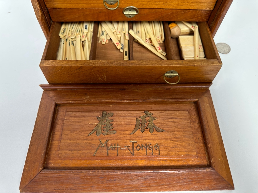 Antique Chinese Mahjong Mah-Jongg Set Bamboo And Bone Tiles With Wooden 5-Drawer Box (Front Left Of Box Is Missing Wooden Piece) 1923 Patent Date [Photo 22]