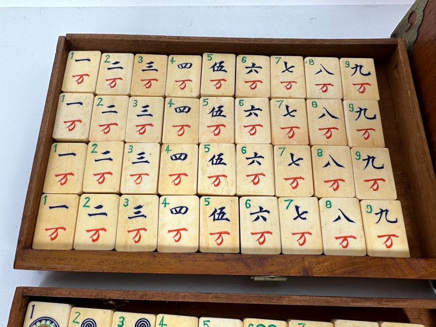 Antique Chinese Mahjong Mah-Jongg Set Bamboo And Bone Tiles With Wooden 5-Drawer Box (Front Left Of Box Is Missing Wooden Piece) 1923 Patent Date [Photo 5]