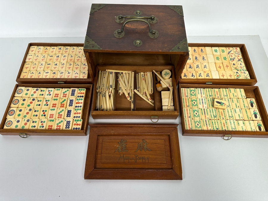 Antique Chinese Mahjong Mah-Jongg Set Bamboo And Bone Tiles With Wooden 5-Drawer Box (Front Left Of Box Is Missing Wooden Piece) 1923 Patent Date [Photo 3]