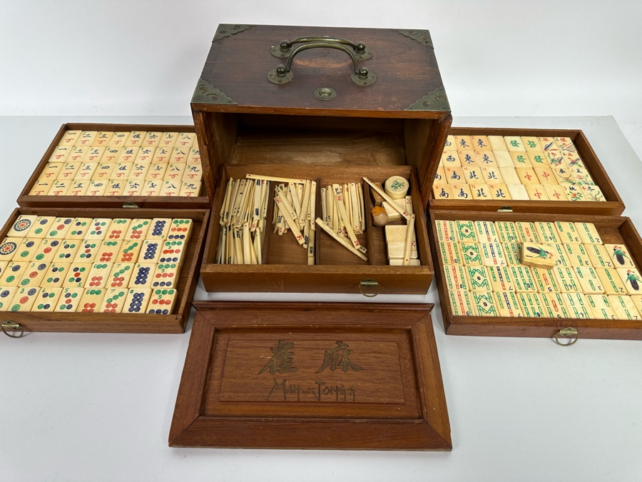 Antique Chinese Mahjong Mah-Jongg Set Bamboo And Bone Tiles With Wooden 5-Drawer Box (Front Left Of Box Is Missing Wooden Piece) 1923 Patent Date [Photo 2]