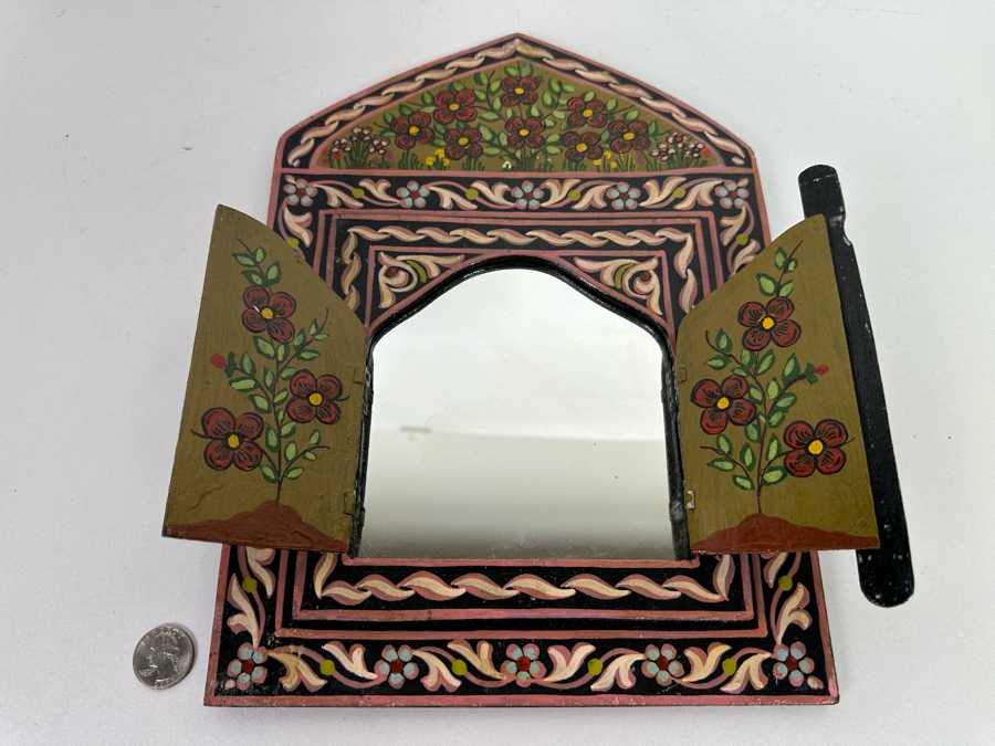 Hand Painted Wooden Moroccan Wall Mirror (Doors Open To A Mirror) 9.5W X 13H [Photo 5]