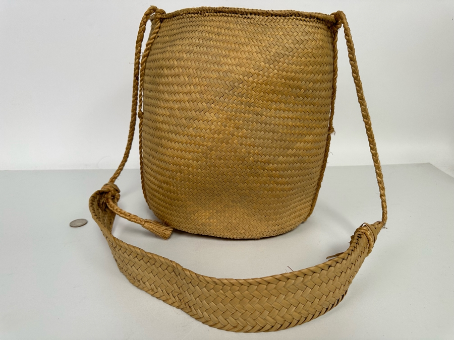 Vintage Handmade Woven Mexican Tortilla Basket Handbag With Strap 10W X 11H [Photo 2]