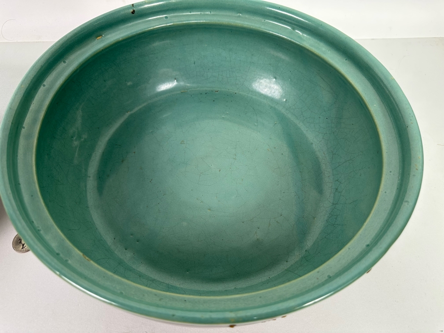 Large Mid-Century Glazed Pottery Bowl With Handles And Lid 14W X 5H