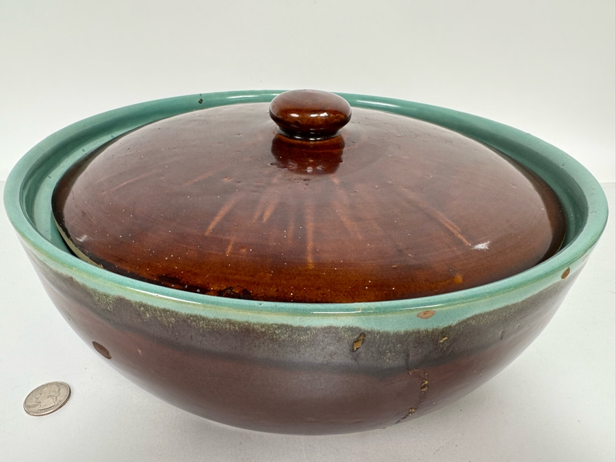 Large Mid-Century Glazed Pottery Bowl With Handles And Lid 14W X 5H [Photo 3]