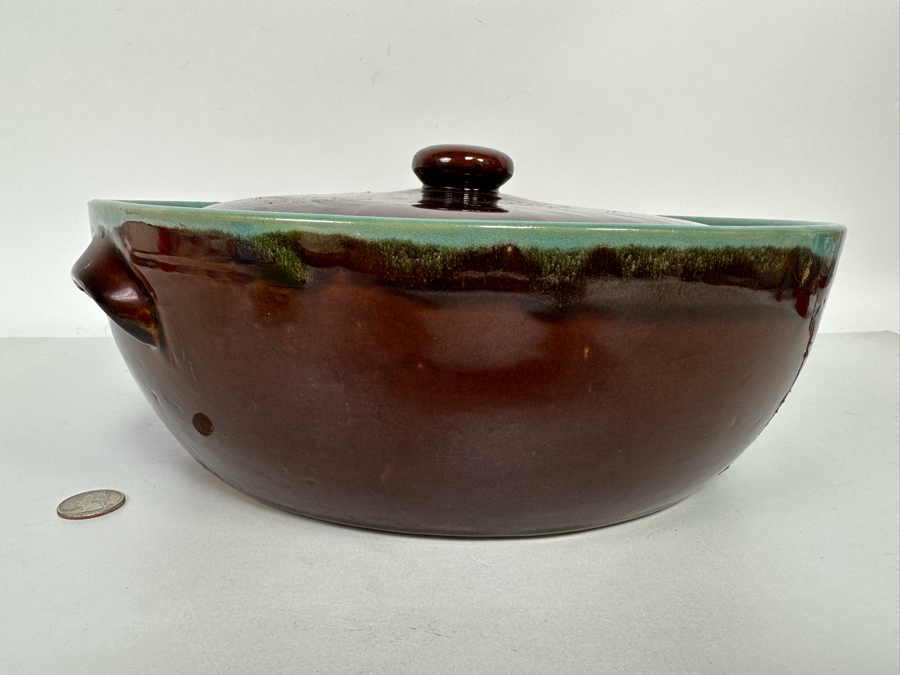 Large Mid-Century Glazed Pottery Bowl With Handles And Lid 14W X 5H [Photo 5]