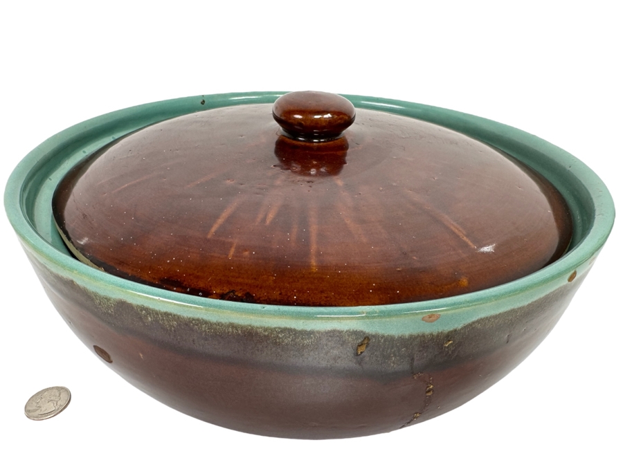 Large Mid-Century Glazed Pottery Bowl With Handles And Lid 14W X 5H