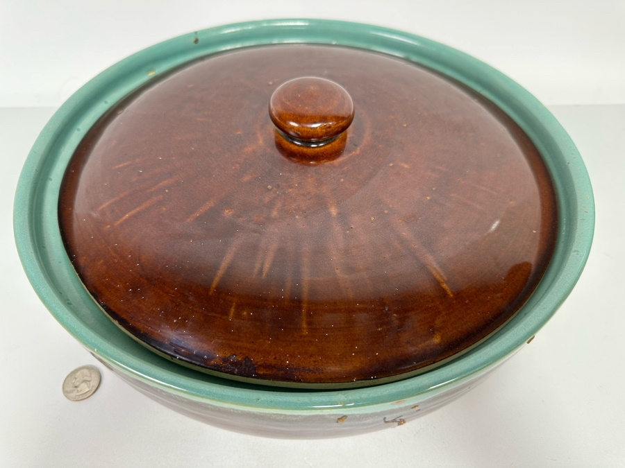Large Mid-Century Glazed Pottery Bowl With Handles And Lid 14W X 5H [Photo 2]