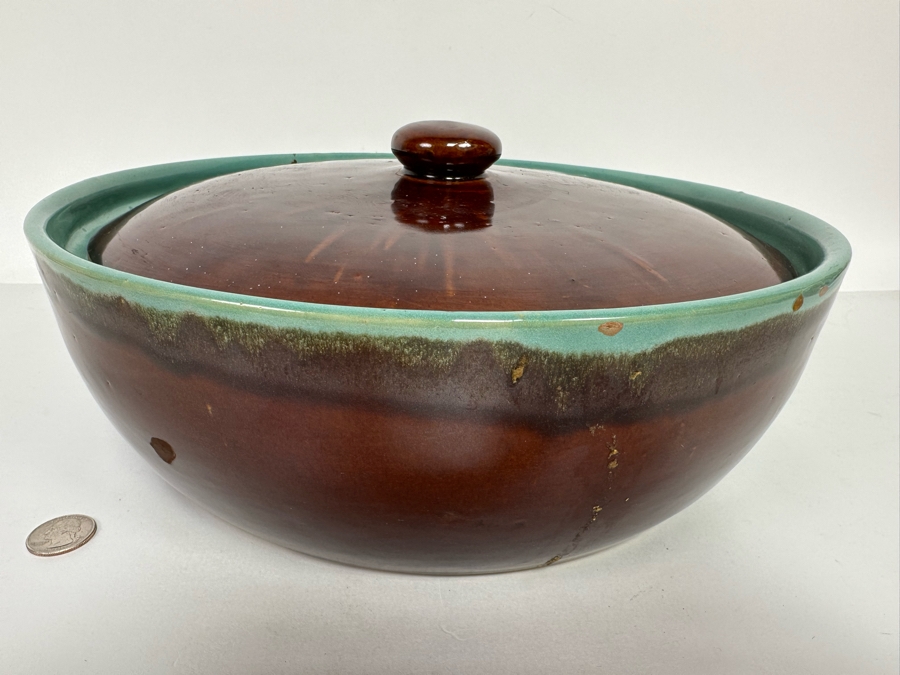 Large Mid-Century Glazed Pottery Bowl With Handles And Lid 14W X 5H [Photo 4]