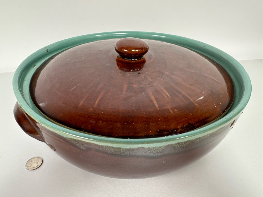 Large Mid-Century Glazed Pottery Bowl With Handles And Lid 14W X 5H [Photo 6]