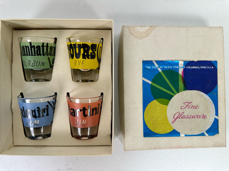 New Old Stock Federal Glassware Rumpus Set Four Cocktail Themed Shot Glasses Barware S-314 With Original Box [Photo 3]