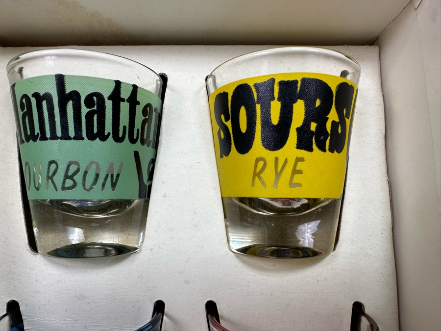 New Old Stock Federal Glassware Rumpus Set Four Cocktail Themed Shot Glasses Barware S-314 With Original Box [Photo 5]