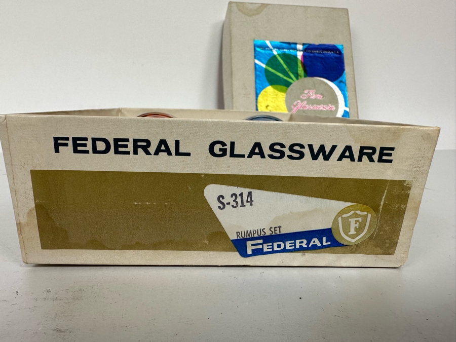 New Old Stock Federal Glassware Rumpus Set Four Cocktail Themed Shot