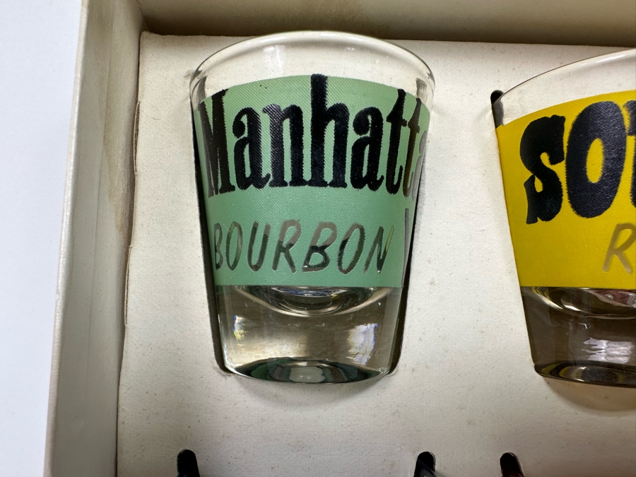 New Old Stock Federal Glassware Rumpus Set Four Cocktail Themed Shot Glasses Barware S-314 With Original Box [Photo 4]