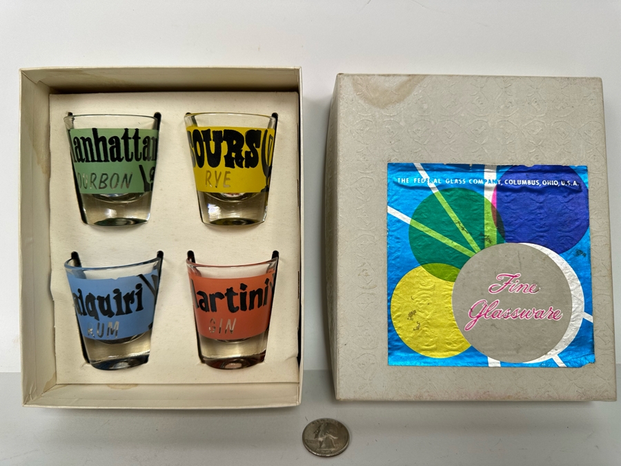New Old Stock Federal Glassware Rumpus Set Four Cocktail Themed Shot Glasses Barware S-314 With Original Box [Photo 2]