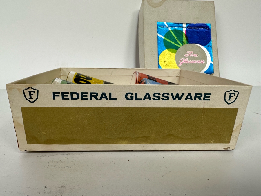 New Old Stock Federal Glassware Rumpus Set Four Cocktail Themed Shot Glasses Barware S-314 With Original Box [Photo 9]