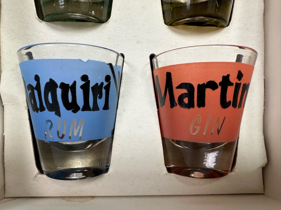 New Old Stock Federal Glassware Rumpus Set Four Cocktail Themed Shot Glasses Barware S-314 With Original Box [Photo 6]