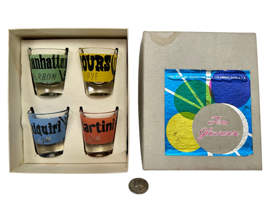 New Old Stock Federal Glassware Rumpus Set Four Cocktail Themed Shot Glasses Barware S-314 With Original Box