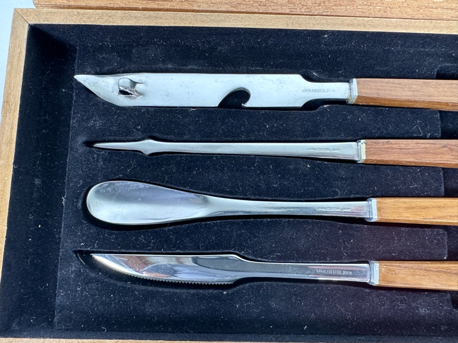 Vintage Mid-Century Stainless Steel With Wooden Handles Barware Set With Case Made In Japan 11W X 5D X 1H [Photo 5]