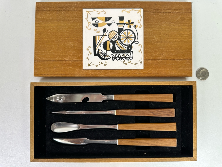 Vintage Mid-Century Stainless Steel With Wooden Handles Barware Set With Case Made In Japan 11W X 5D X 1H [Photo 2]