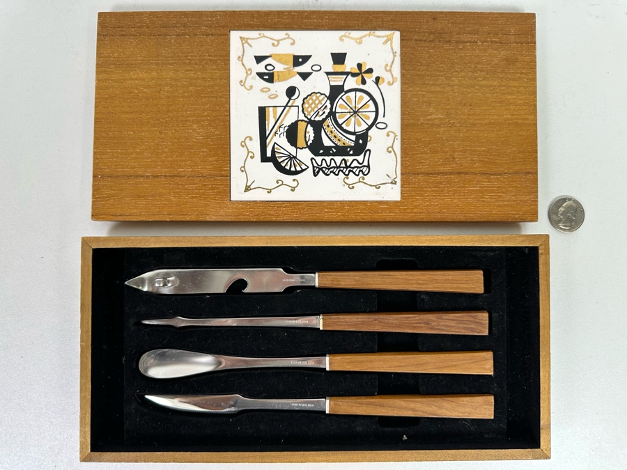 Vintage Mid-Century Stainless Steel With Wooden Handles Barware Set With Case Made In Japan 11W X 5D X 1H [Photo 3]