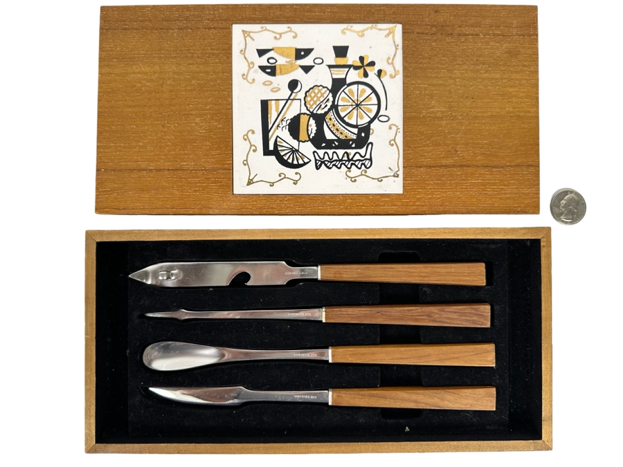 Vintage Mid-Century Stainless Steel With Wooden Handles Barware Set With Case Made In Japan 11W X 5D X 1H [Photo 1]
