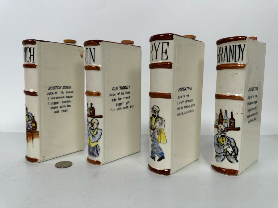 Hand Painted Ceramic Liquor Decanters Scotch, Gin, Rye & Brandy Made In Japan 3.5W X 1.5D X 8H [Photo 3]