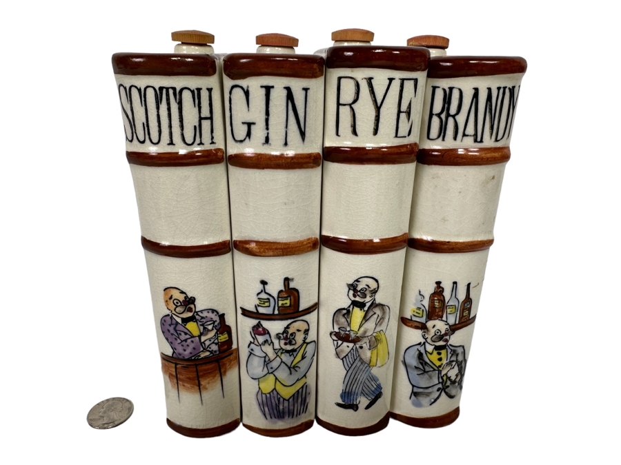 Hand Painted Ceramic Liquor Decanters Scotch, Gin, Rye & Brandy Made In Japan 3.5W X 1.5D X 8H [Photo 2]