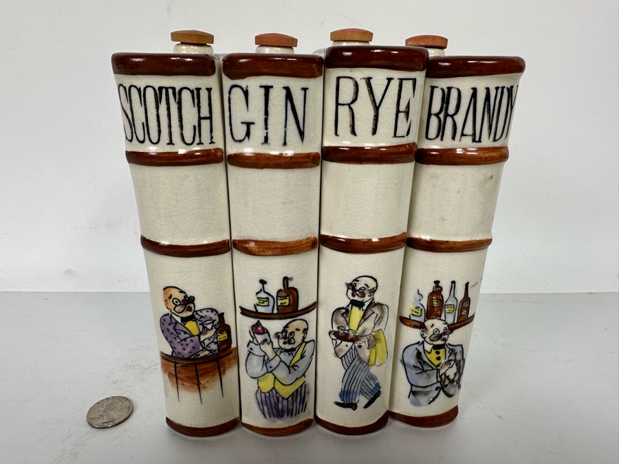 Hand Painted Ceramic Liquor Decanters Scotch, Gin, Rye & Brandy Made In Japan 3.5W X 1.5D X 8H [Photo 6]