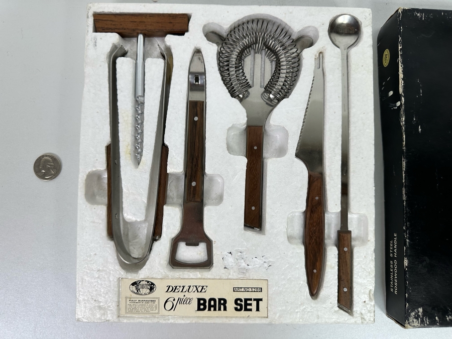 Mid-Century Modern Deluxe 6 Piece Bar Set Stainless Steel And Rosewood Handles Lobeco Made In Japan Never Used With Original Box [Photo 2]