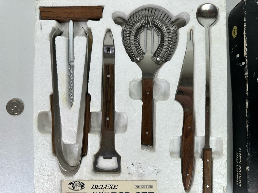 Mid-Century Modern Deluxe 6 Piece Bar Set Stainless Steel And Rosewood Handles Lobeco Made In Japan Never Used With Original Box [Photo 5]