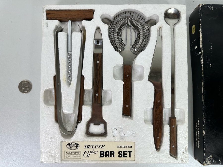 Mid-Century Modern Deluxe 6 Piece Bar Set Stainless Steel And Rosewood Handles Lobeco Made In Japan Never Used With Original Box [Photo 3]