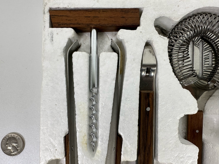 Mid-Century Modern Deluxe 6 Piece Bar Set Stainless Steel And Rosewood Handles Lobeco Made In Japan Never Used With Original Box [Photo 6]