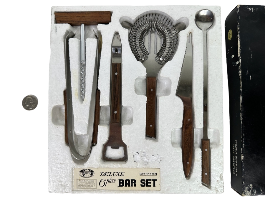 Mid-Century Modern Deluxe 6 Piece Bar Set Stainless Steel And Rosewood Handles Lobeco Made In Japan Never Used With Original Box