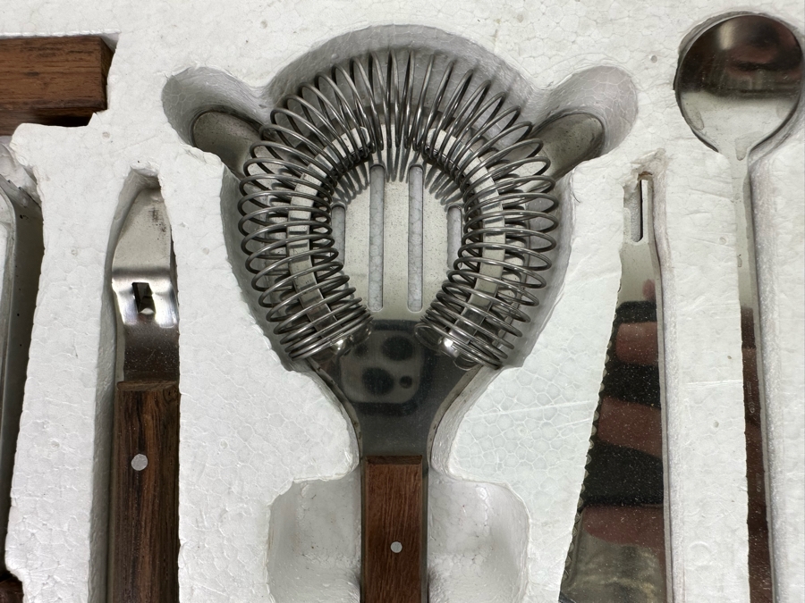 Mid-Century Modern Deluxe 6 Piece Bar Set Stainless Steel And Rosewood Handles Lobeco Made In Japan Never Used With Original Box [Photo 7]