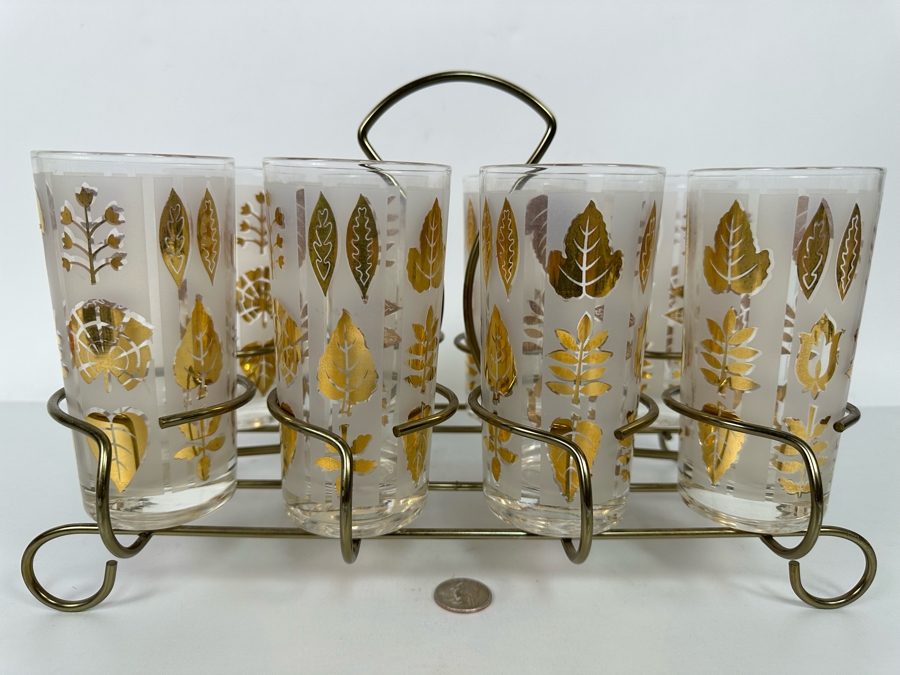 Mid-Century Gold Tone Barware Glasses 5.5H With Carrier 13.5W X 7D X 9H [Photo 3]