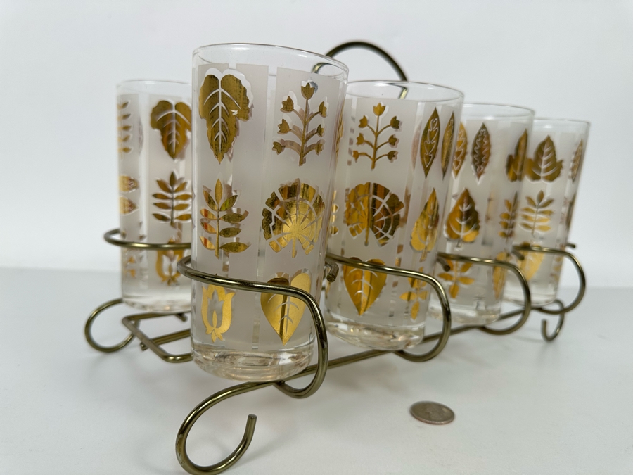 Mid-Century Gold Tone Barware Glasses 5.5H With Carrier 13.5W X 7D X 9H [Photo 7]