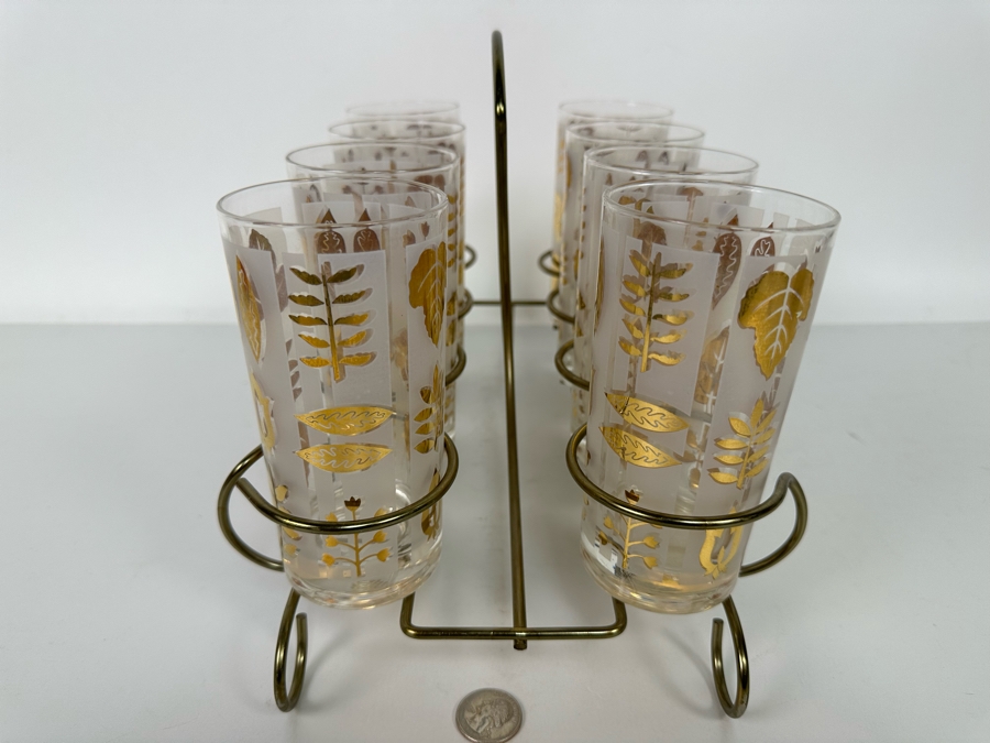Mid-Century Gold Tone Barware Glasses 5.5H With Carrier 13.5W X 7D X 9H [Photo 8]