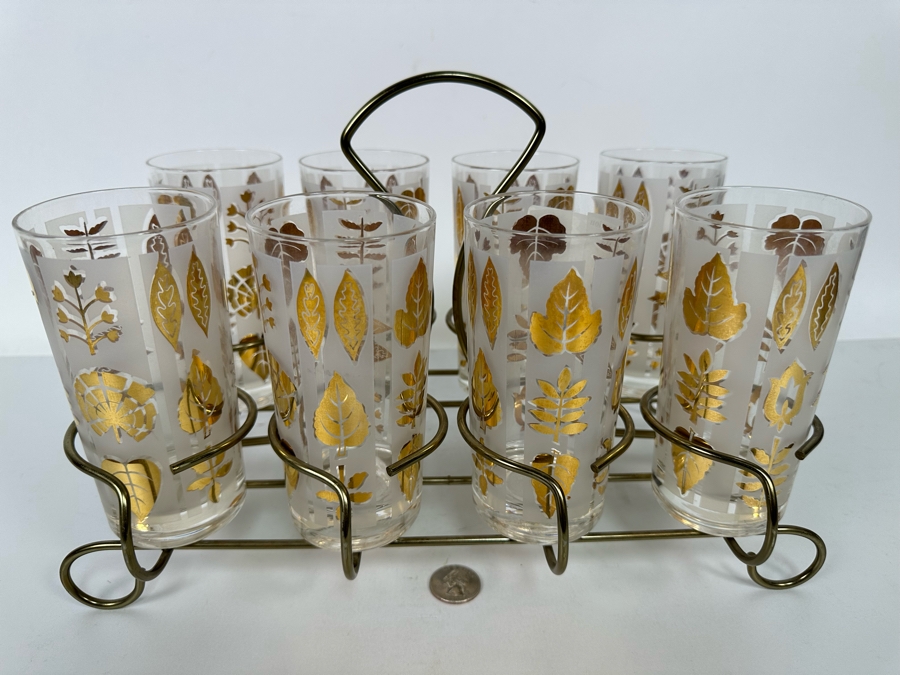 Mid-Century Gold Tone Barware Glasses 5.5H With Carrier 13.5W X 7D X 9H [Photo 4]
