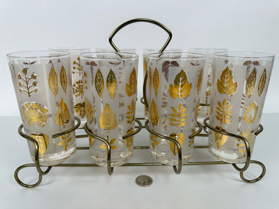 Mid-Century Gold Tone Barware Glasses 5.5H With Carrier 13.5W X 7D X 9H [Photo 2]