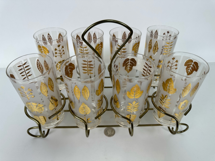 Mid-Century Gold Tone Barware Glasses 5.5H With Carrier 13.5W X 7D X 9H [Photo 5]
