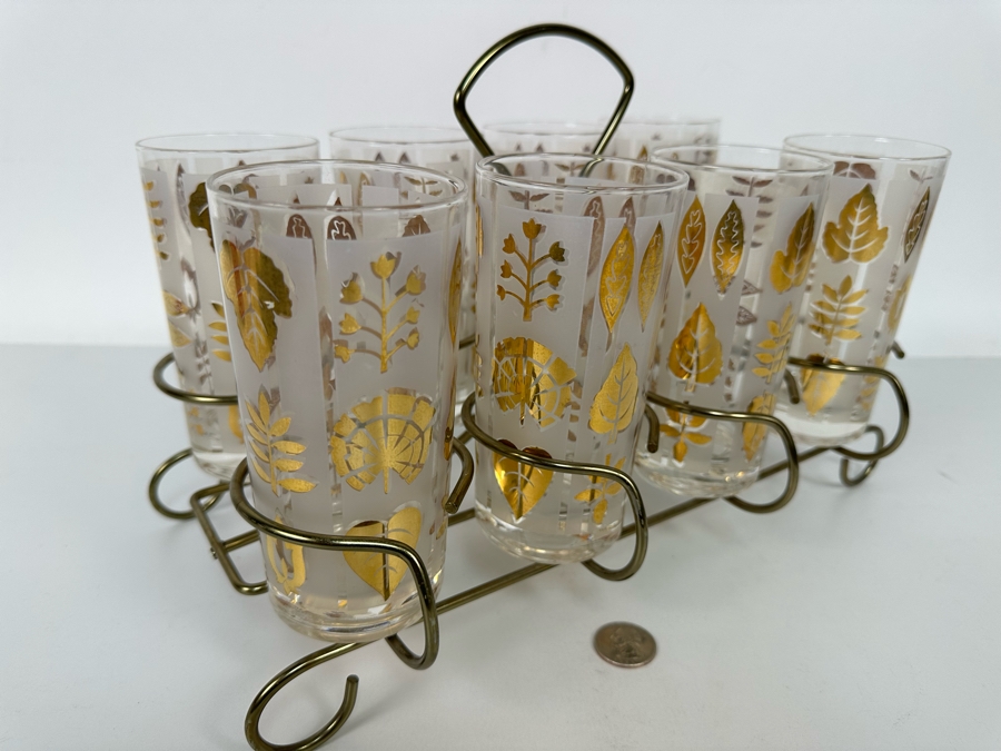 Mid-Century Gold Tone Barware Glasses 5.5H With Carrier 13.5W X 7D X 9H [Photo 6]