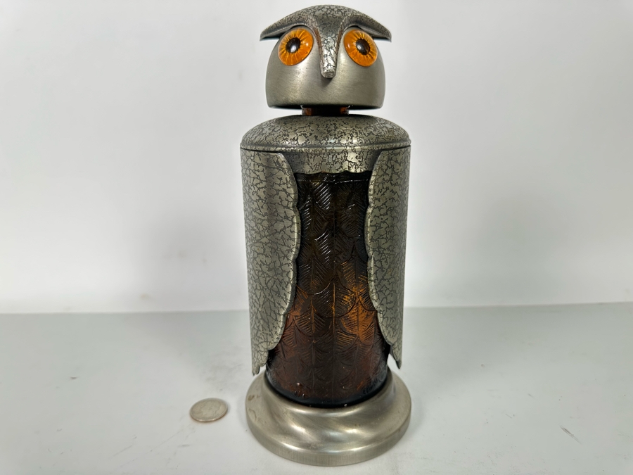 Vintage Mid-Century Modern Barware Owl Sculptural Liquour Decanter With Brown Glass Japan 9.5H [Photo 3]