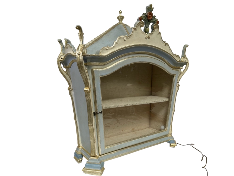 Incredible Antique Tabernacle Vitrine Table Top Display Case Hand Painted With Internal Lighting And Padded Shelving 28.5W X 12D X 32H [Photo 3]