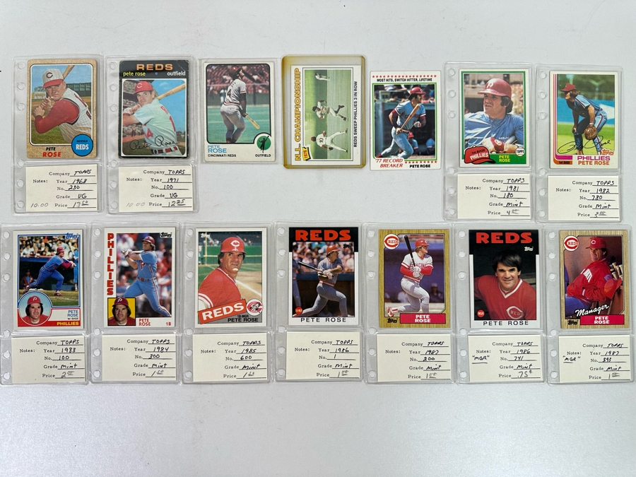 Fourteen Pete Rose Baseball Cards Starting From 1968 Through The Reds Manager Years In 1987