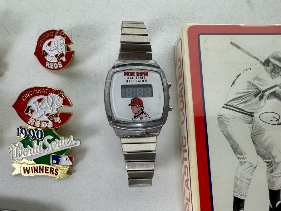 Pete Rose Baseball Collectibles Including Pocket Knife, Various Pins, Watch, Unopened Pete Rose Pepsi Playing Cards, Lou Piniella Cincinnati Reds Playing Cards, Button And More - See Photos [Photo 9]