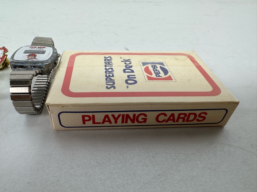 Pete Rose Baseball Collectibles Including Pocket Knife, Various Pins, Watch, Unopened Pete Rose Pepsi Playing Cards, Lou Piniella Cincinnati Reds Playing Cards, Button And More - See Photos [Photo 16]