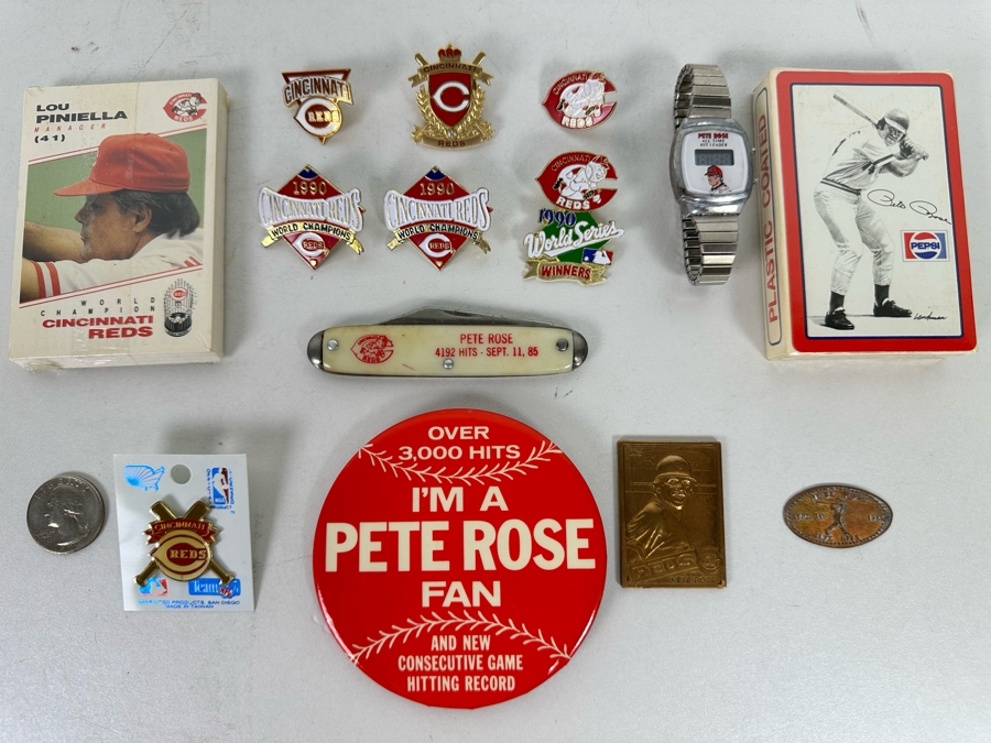 Pete Rose Baseball Collectibles Including Pocket Knife, Various Pins, Watch, Unopened Pete Rose Pepsi Playing Cards, Lou Piniella Cincinnati Reds Playing Cards, Button And More - See Photos [Photo 4]