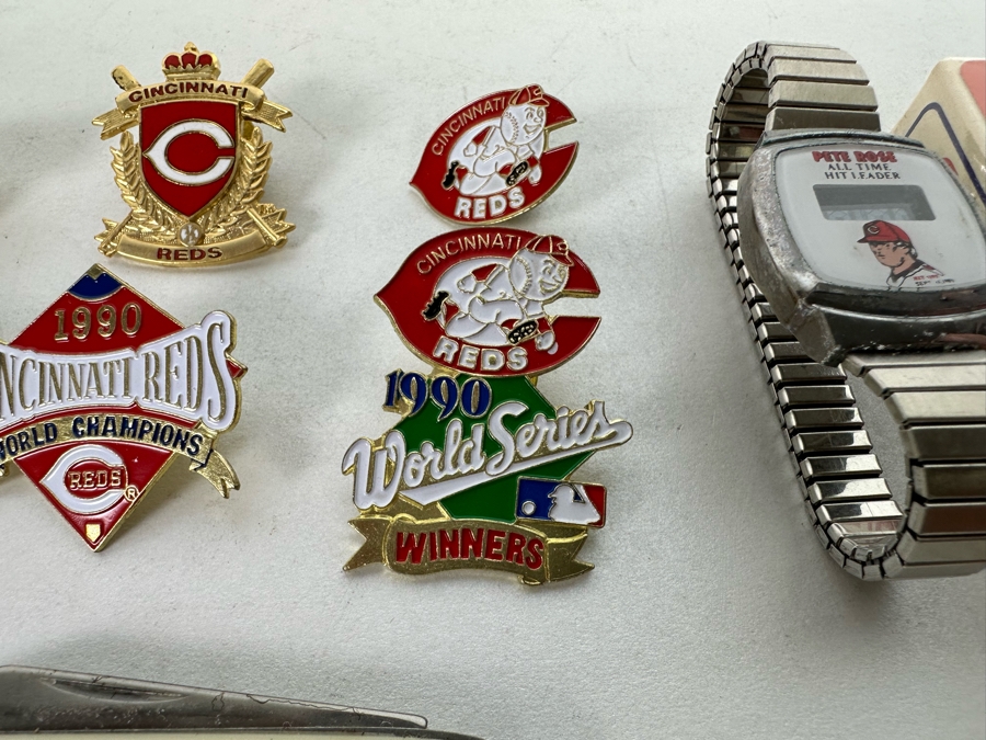 Pete Rose Baseball Collectibles Including Pocket Knife, Various Pins, Watch, Unopened Pete Rose Pepsi Playing Cards, Lou Piniella Cincinnati Reds Playing Cards, Button And More - See Photos [Photo 8]