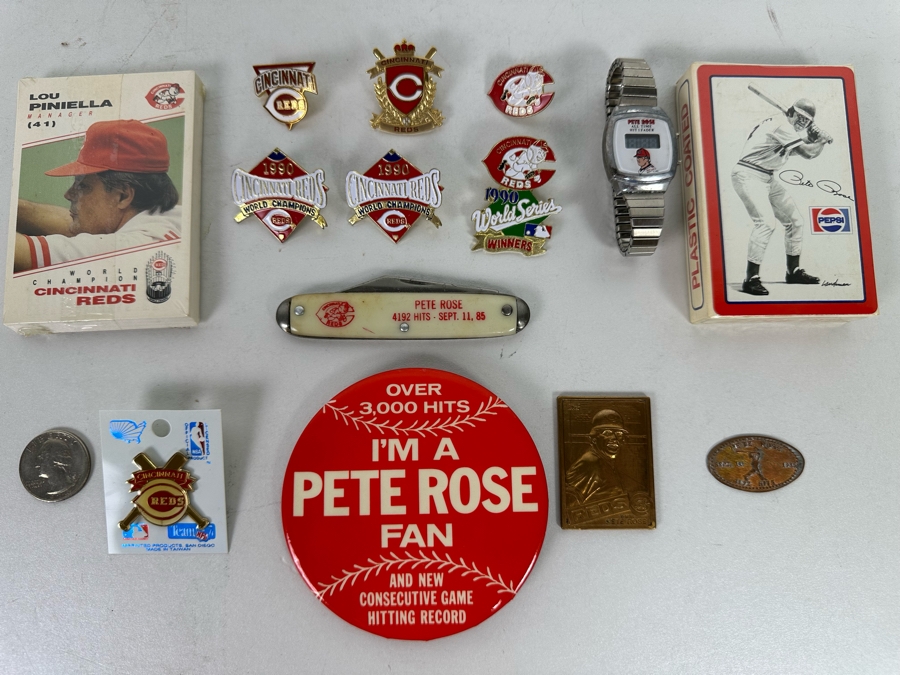 Pete Rose Baseball Collectibles Including Pocket Knife, Various Pins, Watch, Unopened Pete Rose Pepsi Playing Cards, Lou Piniella Cincinnati Reds Playing Cards, Button And More - See Photos [Photo 5]